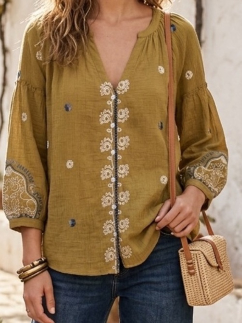 Figueroa & Flower Medium Olive Embroidered Top ~ Boho, 20” PTP, 26” L